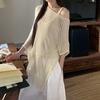 Fashion Elegant Loose Irregular Knitted Women Shirt Summer Bat Sleeve Shawl Cape Top Sunscreen Casual Versatile Hollow See Through Sweater Cover Up