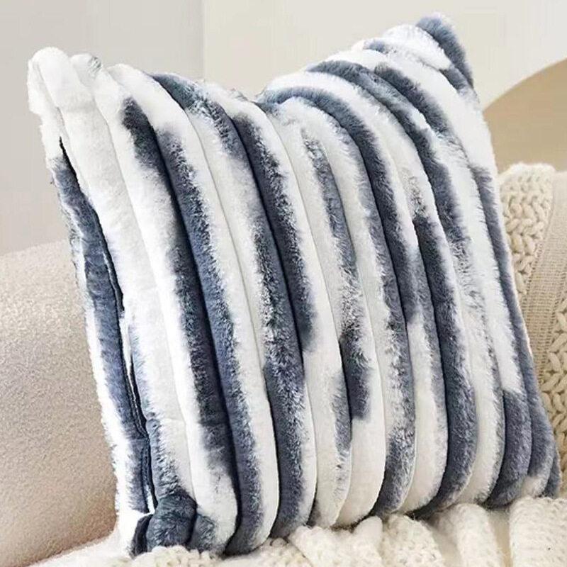 1pc Double-Sided Faux Fur Plush Cushion Cover for Sofa Fuzzy Striped Soft Throw Decorative Pillow Covers for Couch or Bedroom