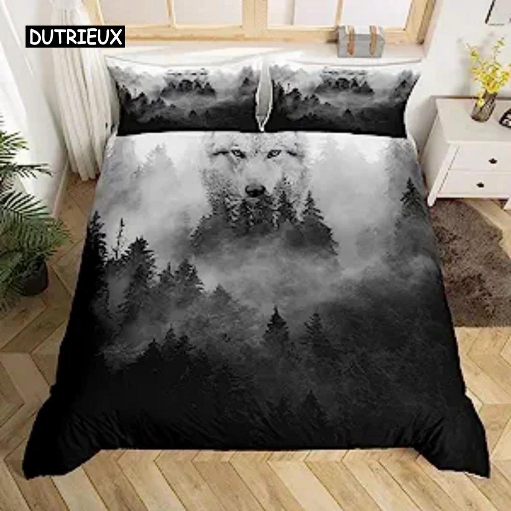 Duvet Cover Black White Wolf Animal 3D Bedding Set for Adult Kids Bedroom Decorations Soft Microfiber Exotic Style Comforter