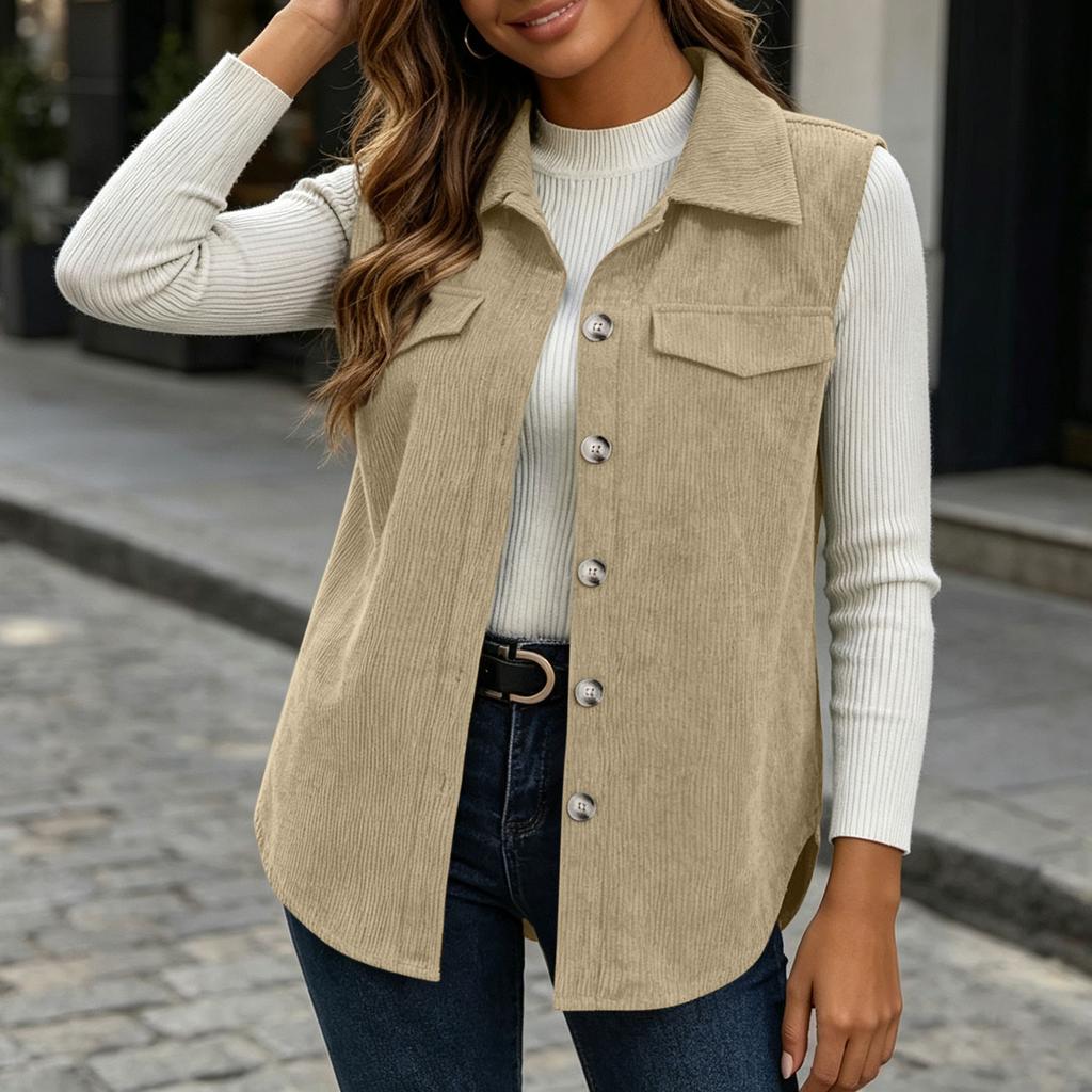 Women's Corduroy Lapel Collar Sleeveless Vest for Casual Commute