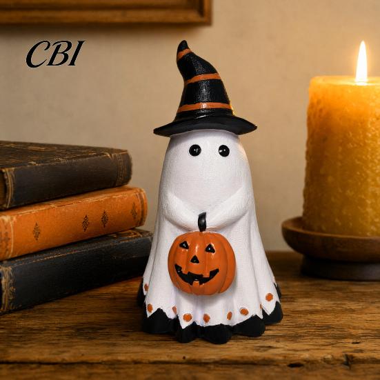 Halloween Table Centerpiece Ghost Figurine, Cute Wearing Hat And Holding Holiday Vibes Decor Pumpkin Statue, Resin Ornament for Shelf Tabletop