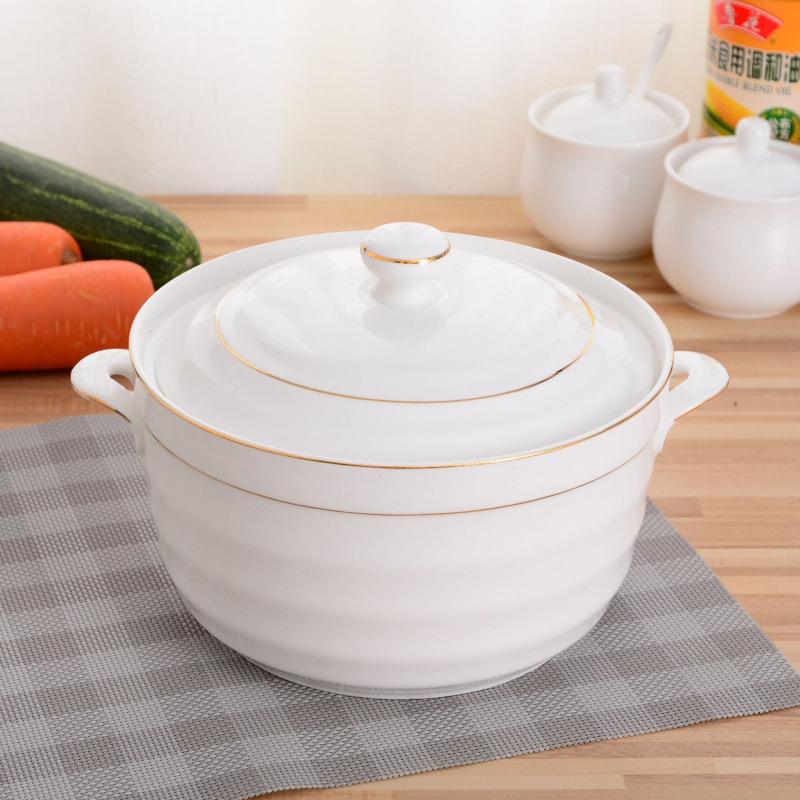 

Ceramic Double-Ear Covered Stew Pot - Large Capacity, Pure White, Microwave Safe Bowl for Soups and Rice.