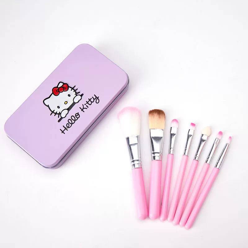 Hello Kitty Makeup Brush Set With Artificial Fiber Bristles Portable Pink Iron Box For Daily Beauty