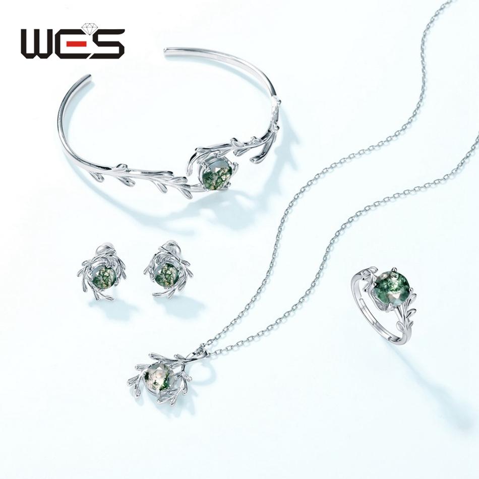 WES CopperNatural Gemstone 8*8mm Moss Agate Jewelry Set for Women Leaf Branch Ring Pendant Wedding Gift