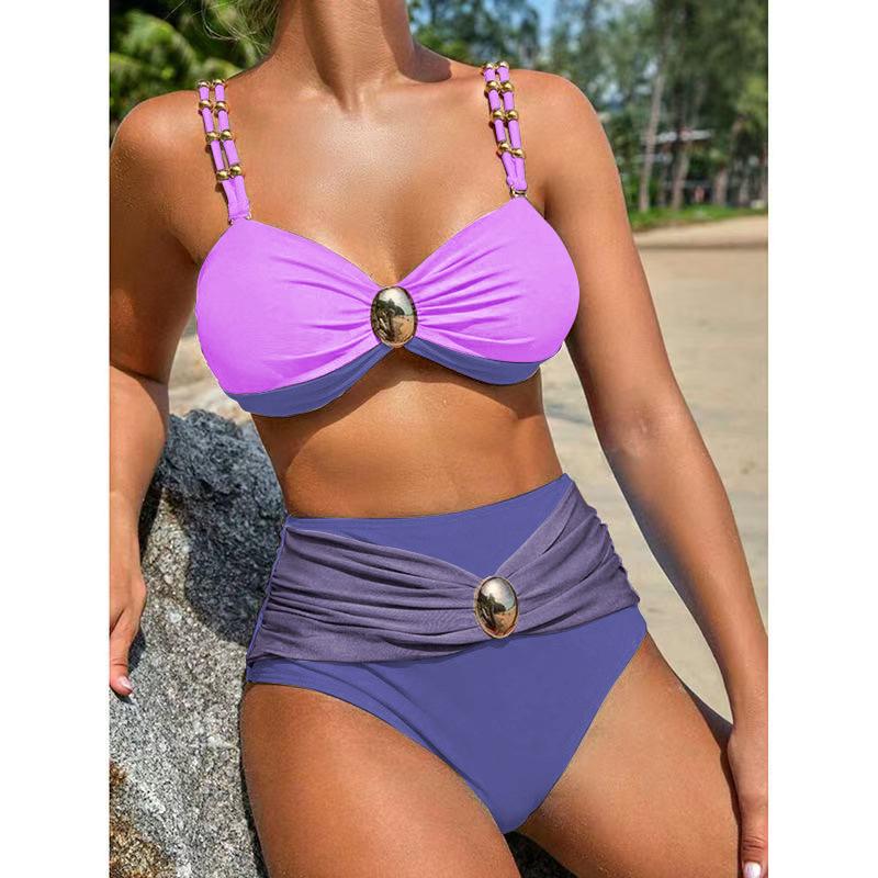 Women's 2026 European Color Block High Waist Bikini Set - Gold Plated Round Details, Sexy New Split Swimsuit