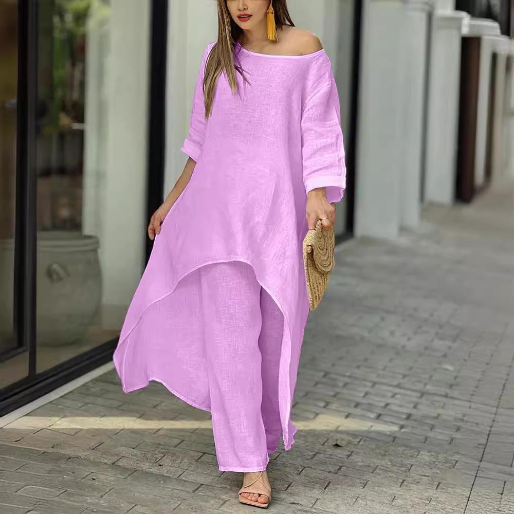 Women's Round Neck Three Quarter Sleeve Irregular Long Tunic Top High Waist Wide Leg Pants Two Piece Linen Set Casual Beach Vacation Outfit