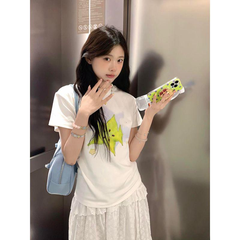 

[210g 40-Count Combed 92% Cotton + 8% Spandex Back Collar] Slim Fit, Flattering, Regular Shoulder Short-Sleeve T-Shirt for Women, Summer White White S