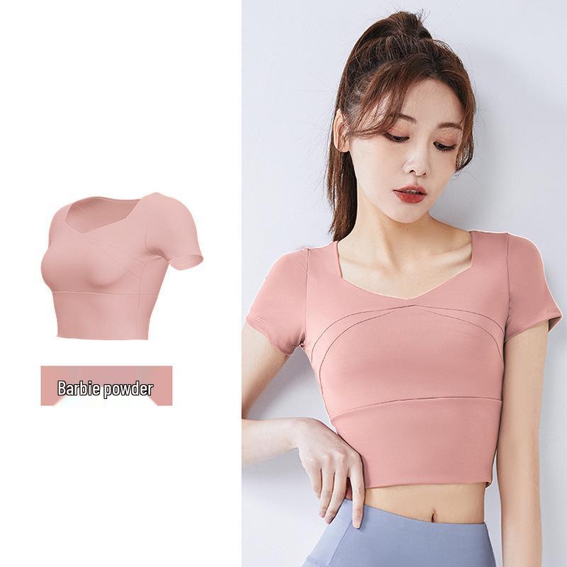 

Бесшовный топ для йоги с чашками – Короткий рукав, телесный, облегающий S