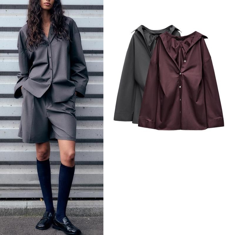 Fall and Winter New Women's Clothing Back Pleated Design Loose Long Sleeves Lapel Single Breasted Shirt 3067118