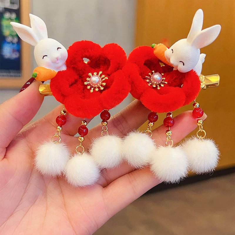 Red New Year Hanfu Hair Clips for Girls - Chinese Style Floral Headwear