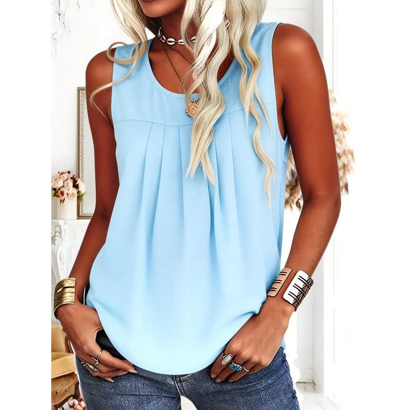 Nuova Blusa a Maniche Corte Pieghettata Girocollo Monocolore dalla Vestibilità Ampia con Cintura per Donna