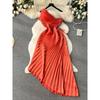 Slash shoulder dress women's high sense hollow waist pleated dress skirt waist irregular shoulder skirt temperament commute