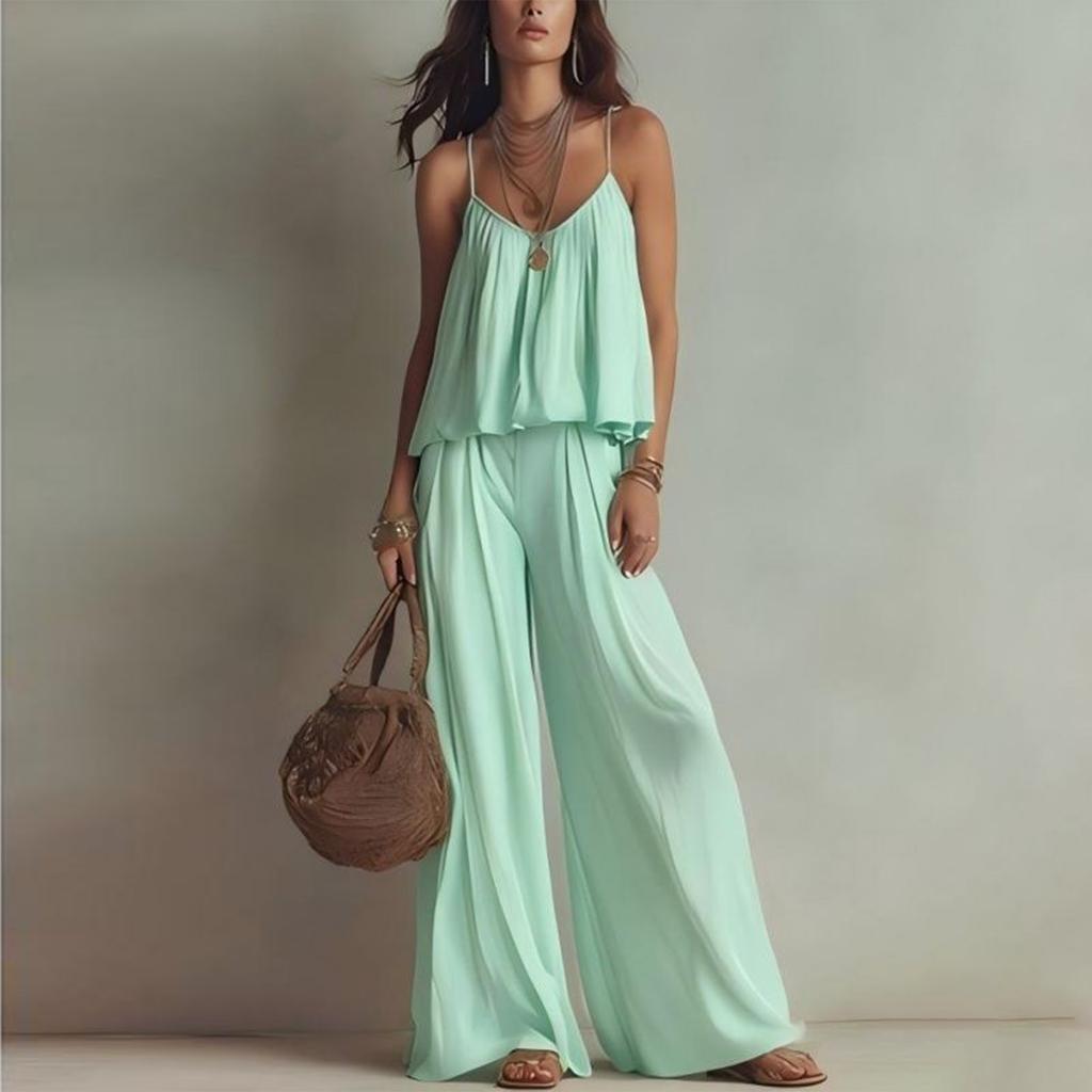 Women Summer Sleeveless V Neck Camisole Top Elastic Waist Wide Leg Pants Two Piece Set Casual Loose Fit