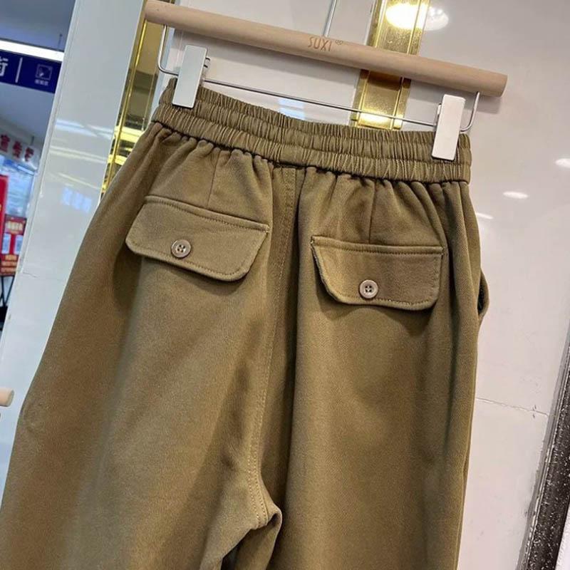 Pants for Women Plus Size Thickened Stretchy Elastic High Waist Long Trousers Solid Colour Fleece Casual Wide Leg Pants