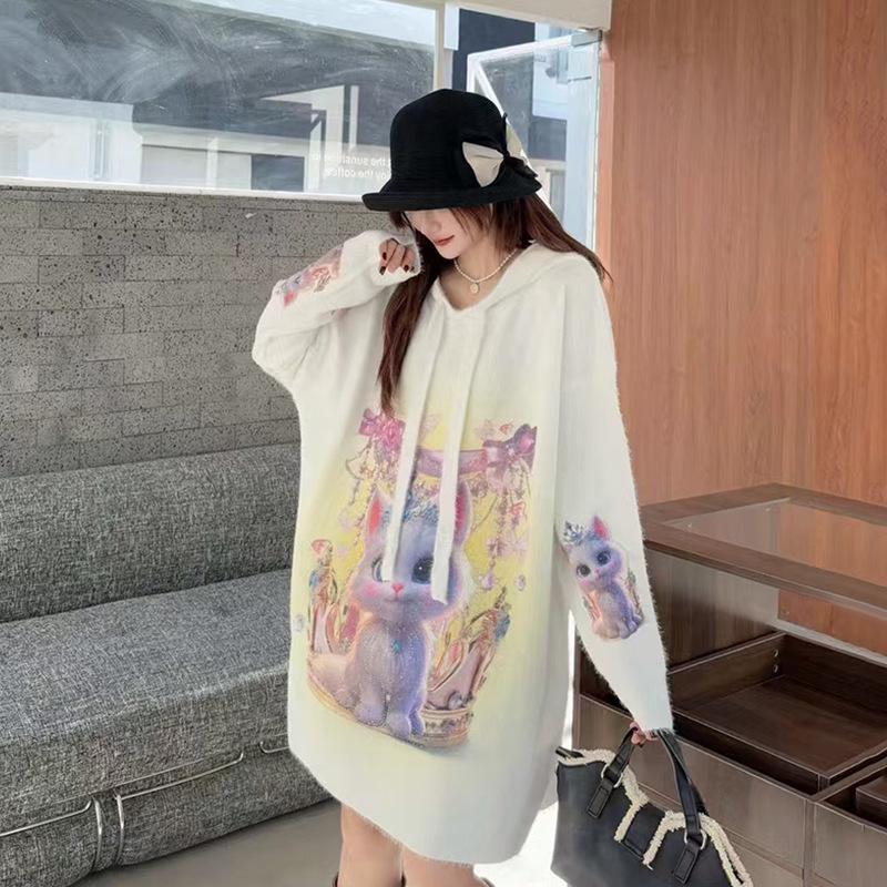 2024 Autumn Trendy Hooded Sweater Dress: Cute Cartoon Design, Mid-Length, Plus Size, Age-Reducing Style