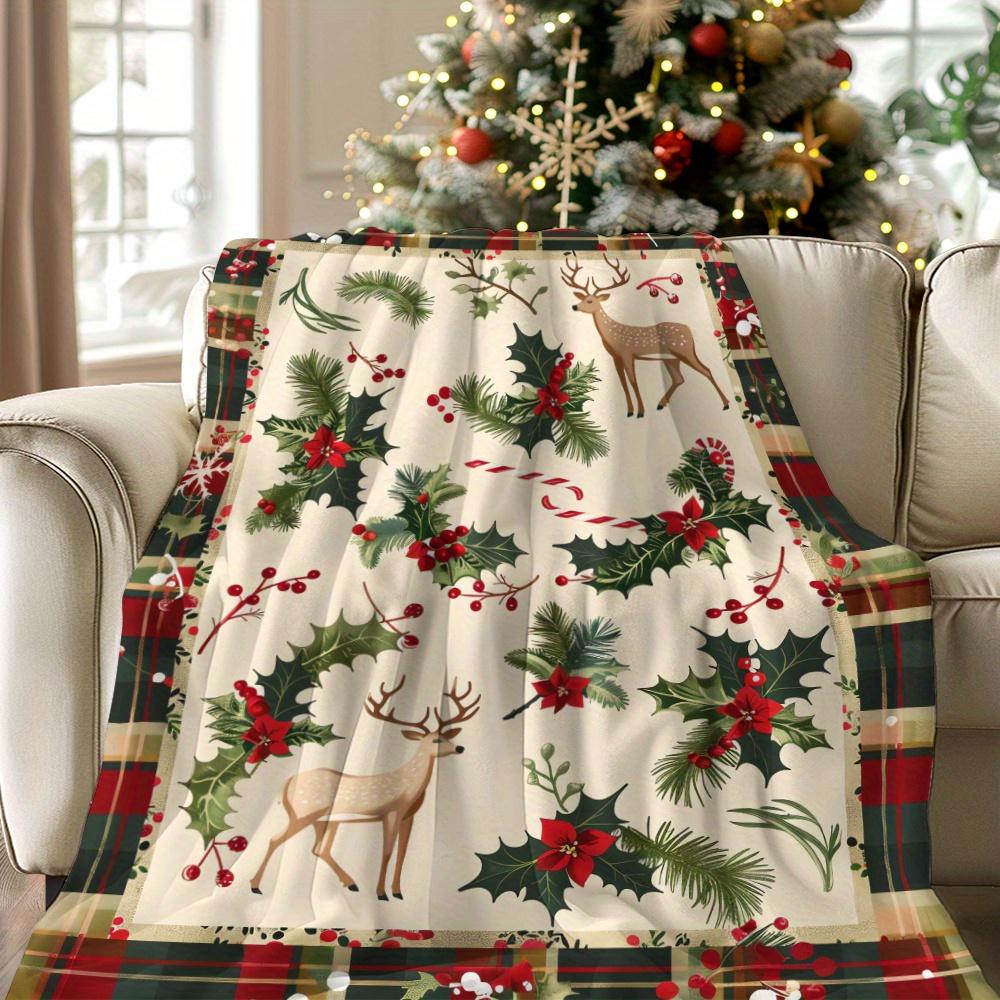 Christmas Deer Plaid Throw Blanket Flannel Fabric With Reindeer Holly And Plaid Border Design For Living Space Comforting