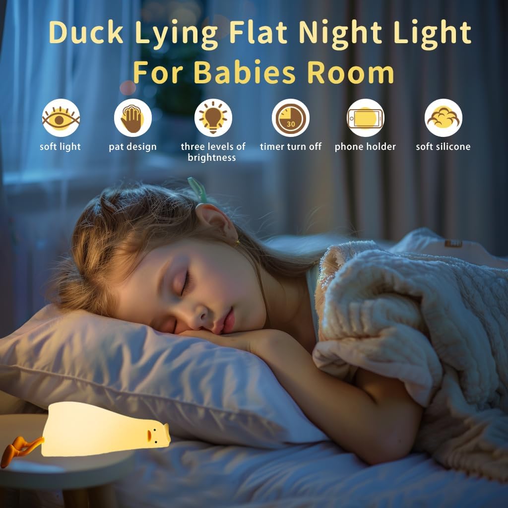Lying Flat Duck Night Light, Cute Silicone Light Up Duck, 3 Level Dimmable Nursery Nightlight, LED Duck Lamp, Rechargeable Bedside Touch Lamp for