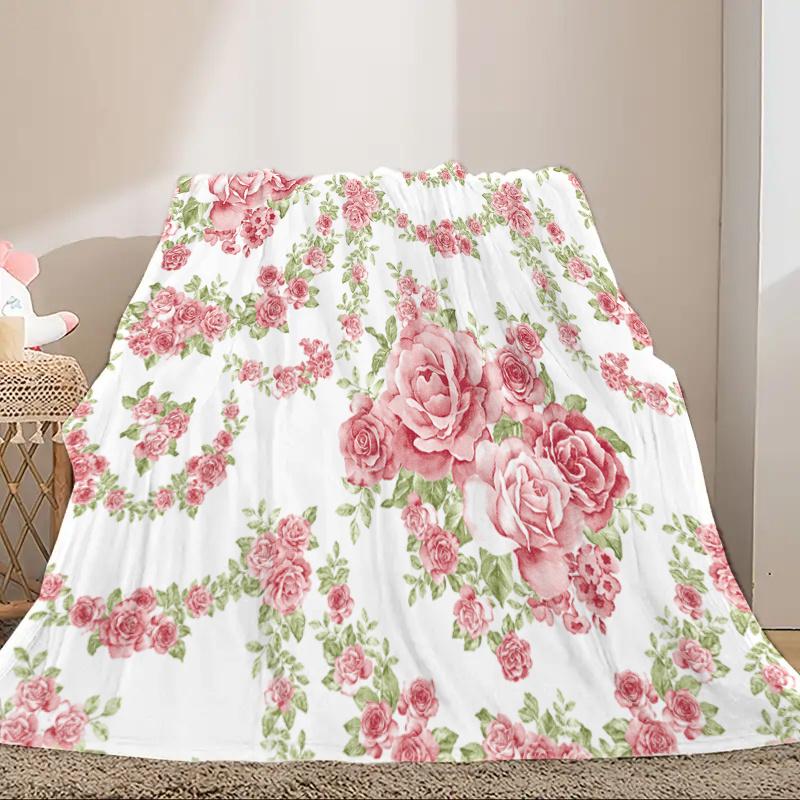[Warm All-Season Knitted Blanket] 1pc Traditional-Style Rose Print Flannel Blanket - Soft, Warm, All-Season Knitted Polyester Th