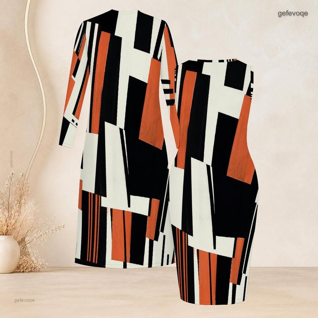 Women Plus Size Printed Two Piece Set Long Sleeve Open Front Long Cardigan Sleeveless Bodycon Dress