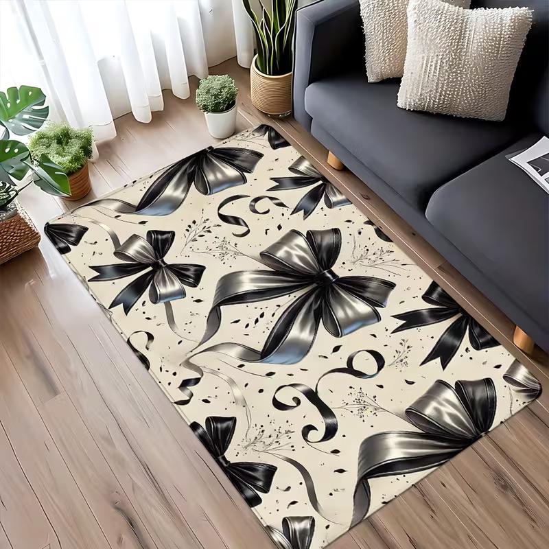 Elegant Black Bow Print Area Rug Soft Non-Slip Living Room Carpet Luxury Bowknot Ribbon Print Mat Indoor Home Decor Carpet