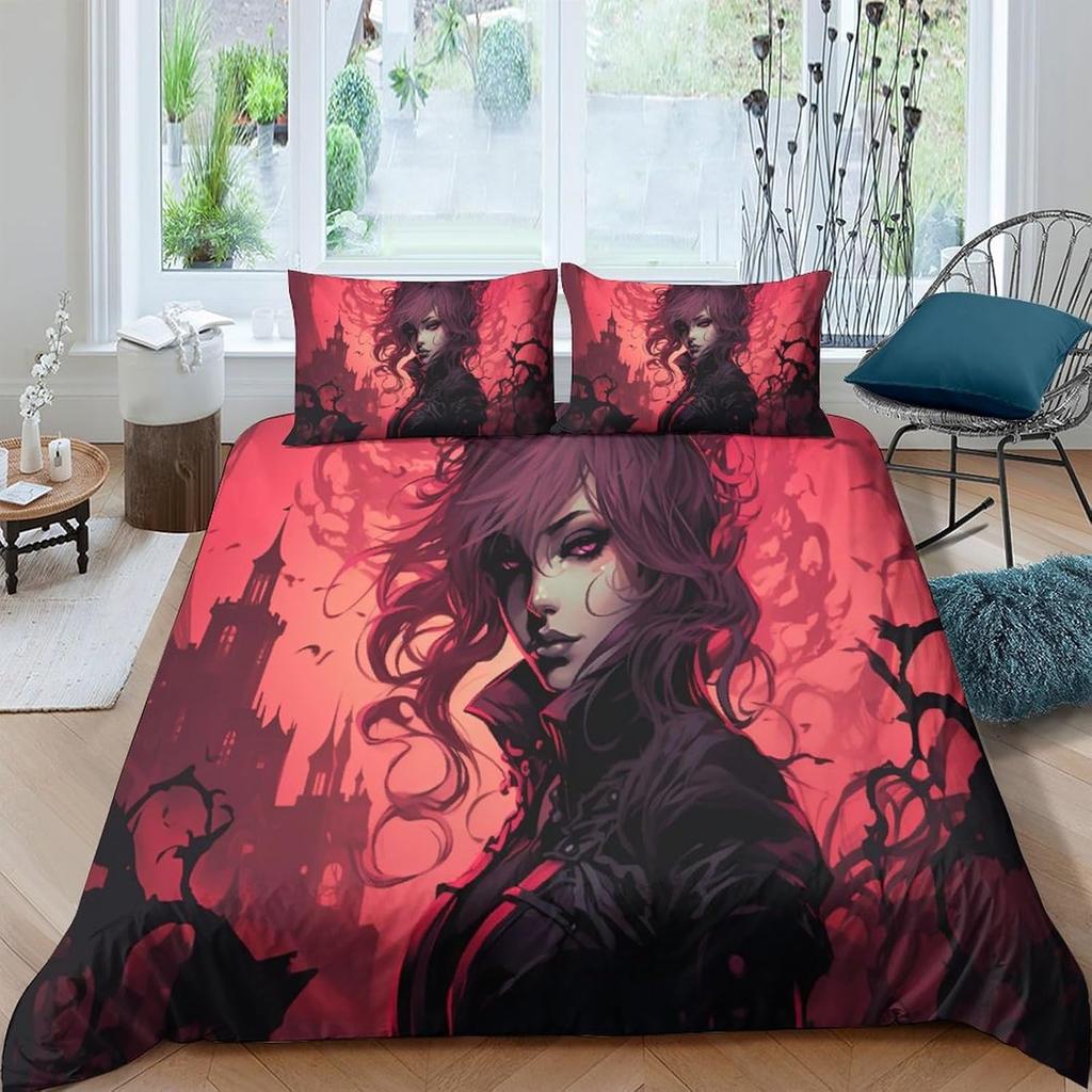 Vampire Girl Microfiber Quilt Cover, 3D Anime Gothic Printed Bedding Set With Zipper Closure For Kids Boys Teen Bedroom Decor