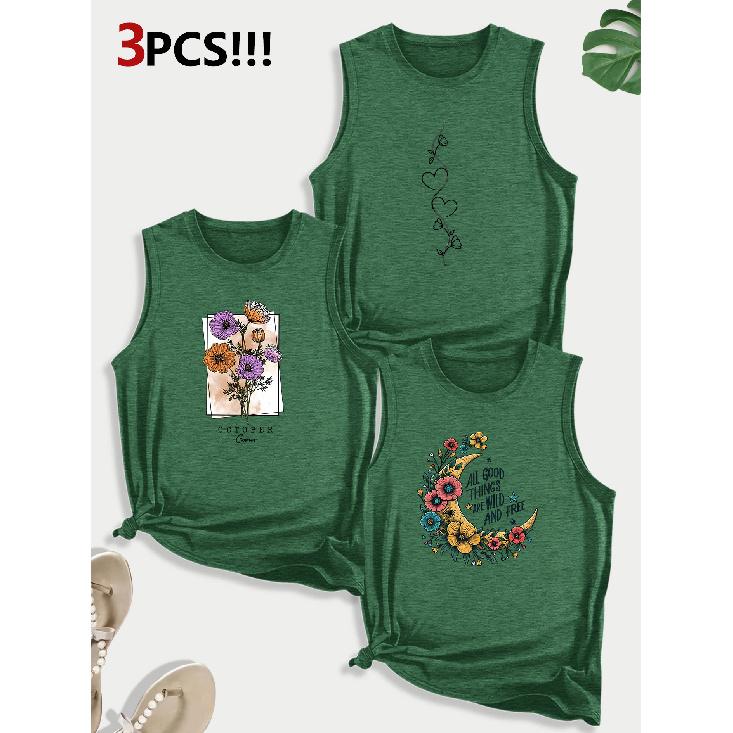 Sunflower Moon Floral Combination Gift Print Pattern Round Neck3Pack of Sleeveless Vests for Women In Spring, Summer, and Autumn