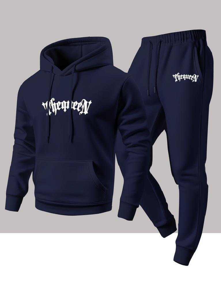 Men's fashionable casual two-piece set, new fleece-lined personalized letter print hooded shirt, sweatshirt and pants set