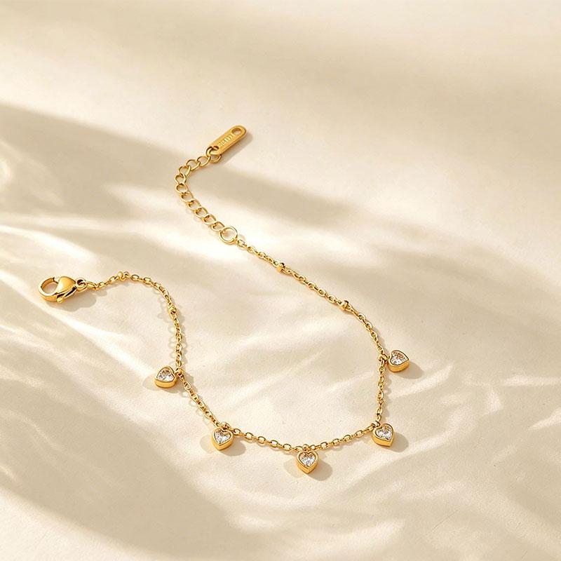Fashion 18K Gold Plated Link Chain Bracelet Gifts Jewelry Stainless Steel Heart Cubic Zircon Charm Bracelets for Women
