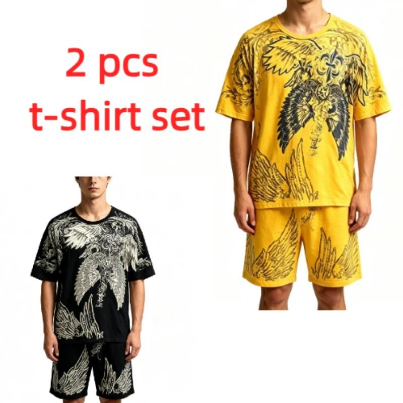 Summer Casual Angel Wing Printed Round Neck Short Sleeved T-Shirt And Shorts Set Men's and Women's T-shirt Shorts Set