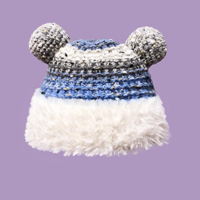 2025 Cute Bear Wool Hat Plush Warm Big Head Circumference Knitted Hat Headgear Season