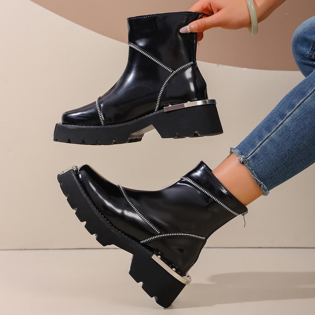 Scarpe Femminili 2025 Alta Qualità Zip Stivali da Donna Primavera Punta Rotonda Tinta Unita Gambale Corto Tacco Medio Impermeabili Stivali Britannici Zapatos