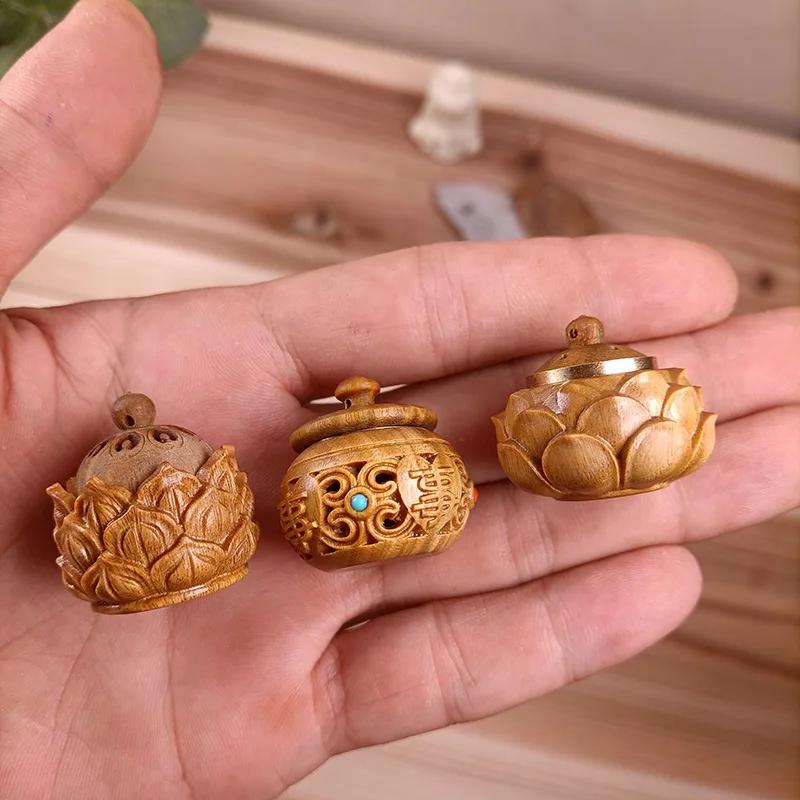 Natural Wood Perfume Bottle Incense Expanding Mini Sandalwood Portable Sealed Jar Pendant Pomander Container Medicine Pill Box