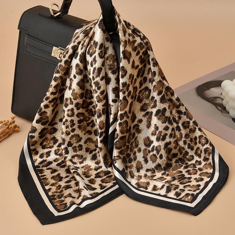 60Cm Leopard Print Kerchief Hair Scarf For Women Silk Satin Headband Hijab Scarfs Female Square Neck Scarves For Ladies