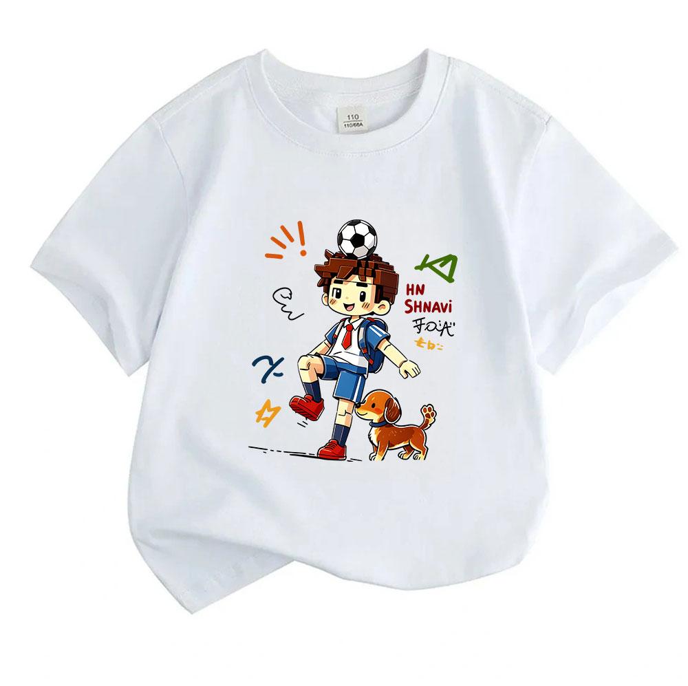 Cute Block Style Boy Soccer Dog Print Kids T Shirt 100% Cotton Casual Crew Neck Short Sleeve Tees for Boys Girls Soft Breathable Daily Wear Tops