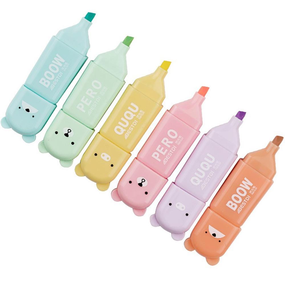 4/5/6 Pcs Kawaii Bear Highlighter Pens Cute Stationery Markers Oblique Tip Candy Color Fluorescent Pastel Pen School Supplies