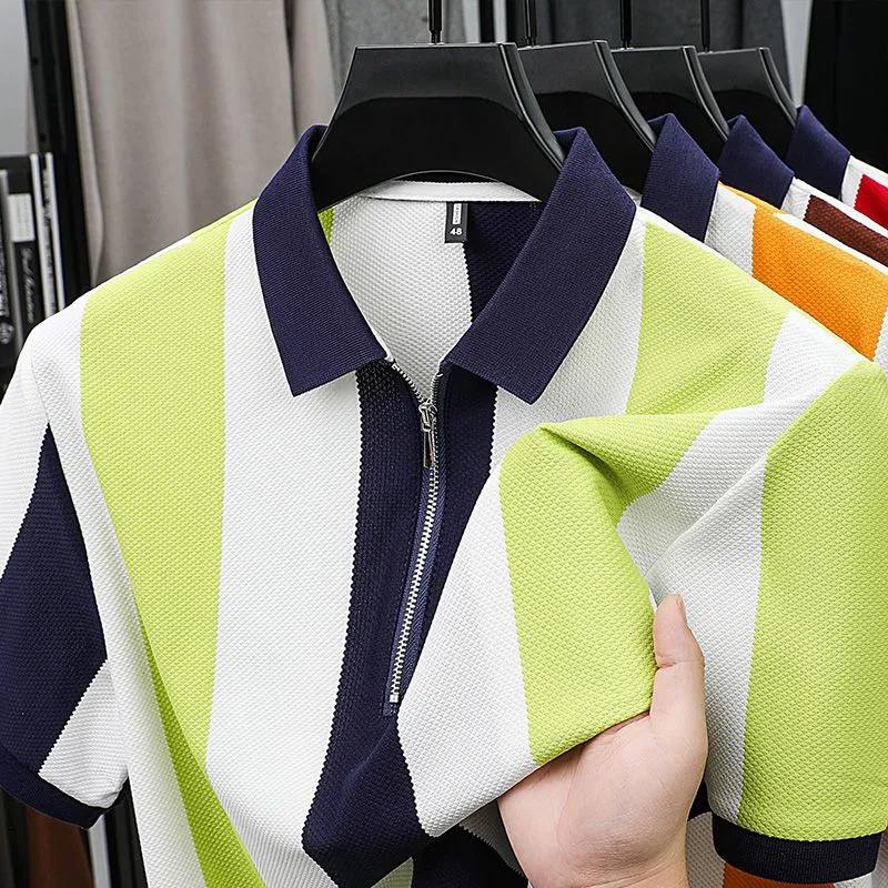 Men Casual Striped Polo Shirt Contrast Collar Waffle Knit Tee