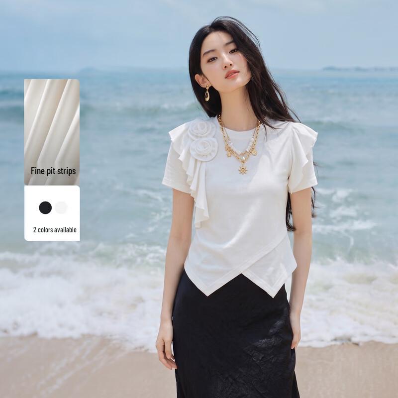 Women s Round Neck Ruffle Trim 3D Floral T-Shirt M