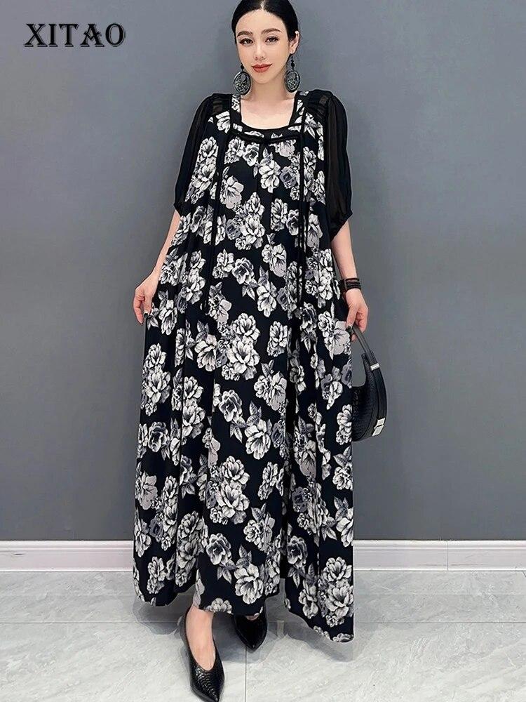 

Платье трапециевидной формы с квадратным воротником и принтом XITAO в стиле пэчворк, свободное платье с короткими рукавами DMJ4078