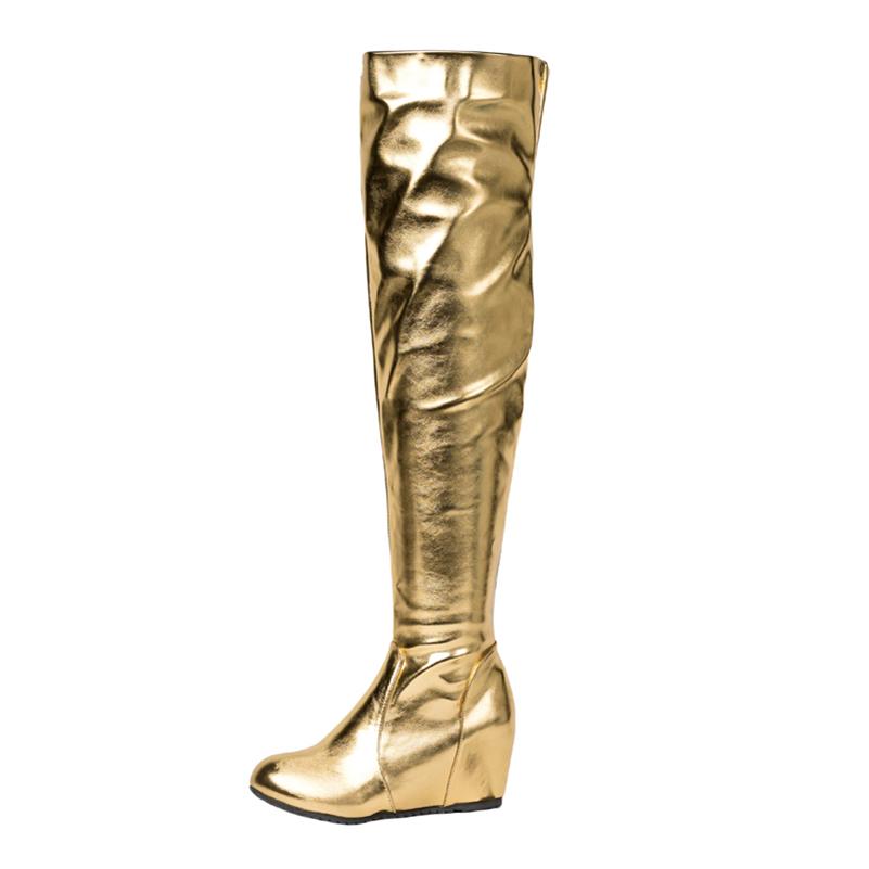 

Meotina Женские сапоги до бедра с круглым носком, увеличивающие рост, плиссированные, с молнией, длинные сапоги цвета металлик, женская модная обувь, осень-зима 43 34 золотой