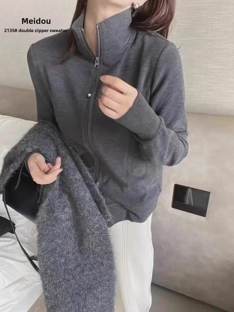 2024 Herbst/Winter Damen Minimalistischer Doppelreißverschluss Stehkragen Layering Samtpullover Strickjacke