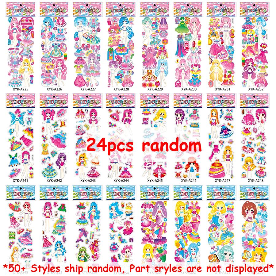 6-24pcs Costume Change Girl Bubble Stickers 3D Cartoon Creative Princess Self-adhesive Graffiti Stickers Student Reward Stickers