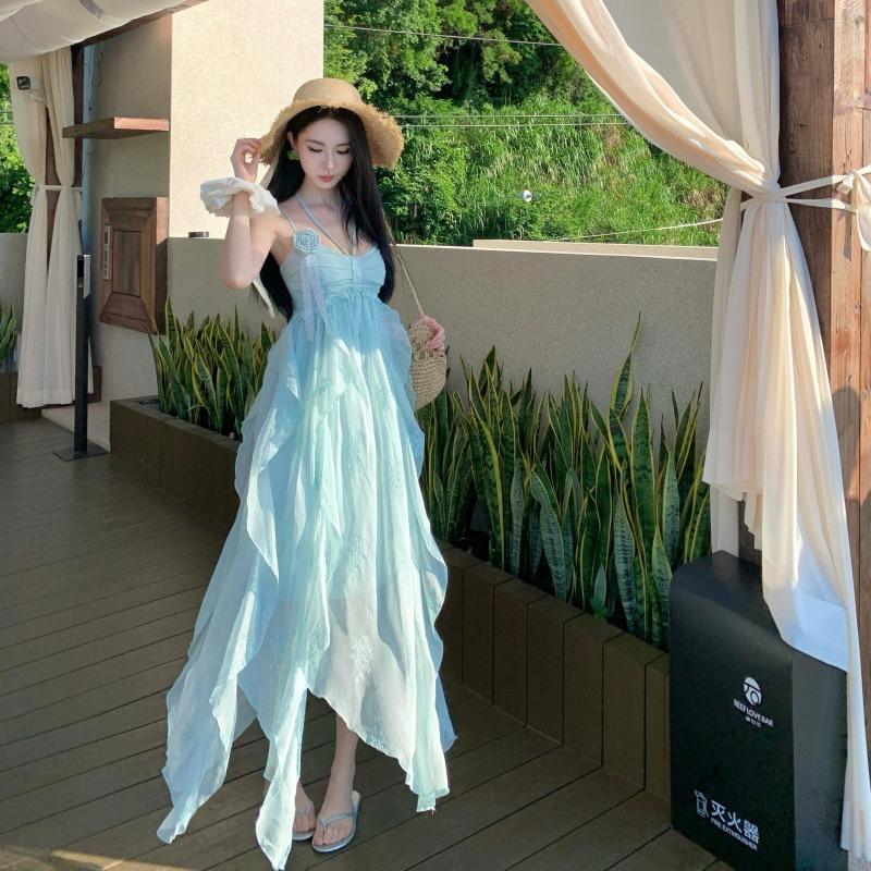 Seaside Photo Suspender Dress Women's Vacation Temperament Long Dress Hanging Neck Lotus Leaf Edge Mint Green Suspender Skirt