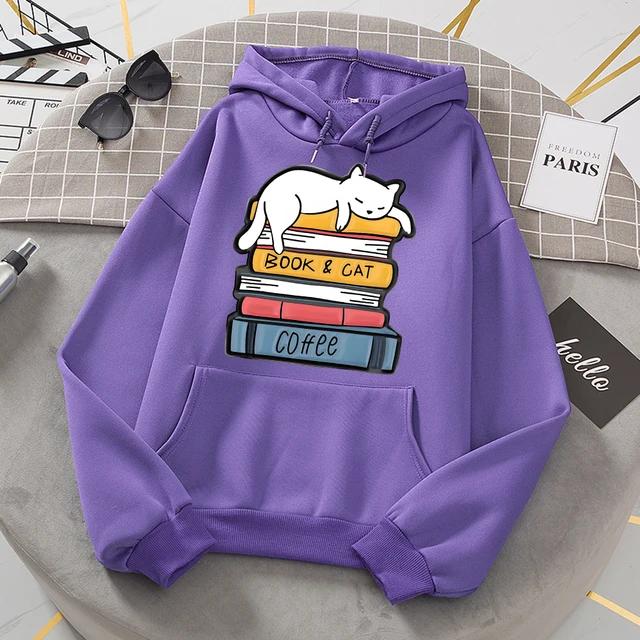 White Cat Sleeping On A Pile Of Books Hooded Women Street Crewneck Hoodies Autumn Oversize Sweatshirt Casual Warm Clothes