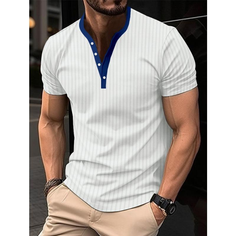 Mens Striped Contrast Collar Half Button Short Sleeve Casual T Shirt S белый
