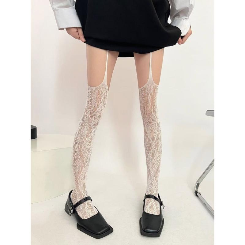 Women Fishnet Garter Belt Pantyhose Punk Flower Lace Patterned Sheer Thigh High Stockings Suspender Strap Tights Hosiery