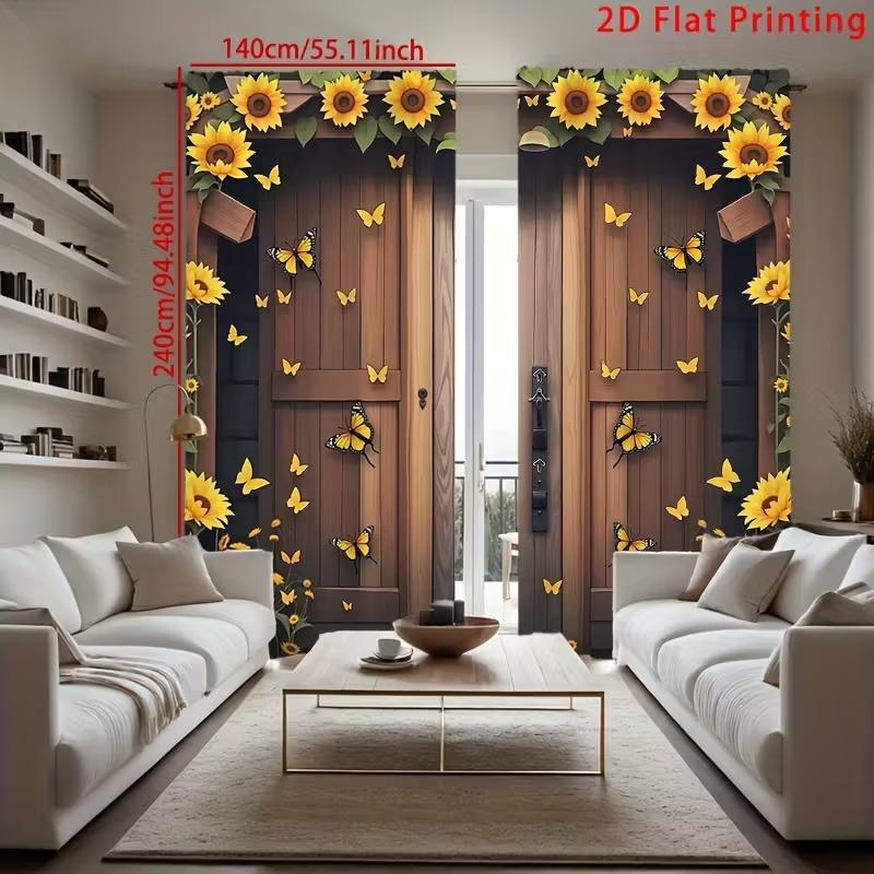2 Pcs Wooden door sunflower print curtains,suitable for bedroom,living room kitchen decoration,home decoration,window decoration