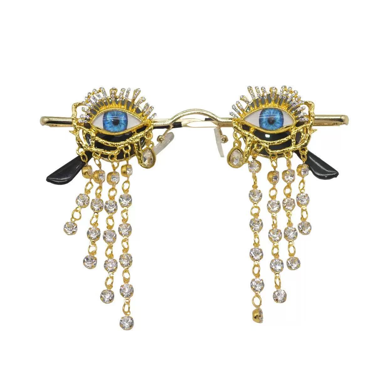 

Gothic style eyeball rhinestone fringe witch glasses, small metal frame, dark Halloween stage party personalized sunglasses