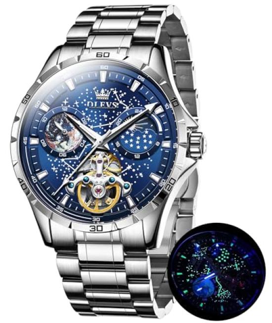 

OLEVS Мужские крутые автоматические часы с механическим механизмом, роскошный циферблат со звездным небом, скелетонированные водонепроницаемые часы для мужчин, синие