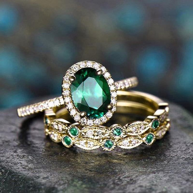 Huitan 3Pcs Set Oval Green Zirconia Rings Female Luxury Detachable Wear Lady Gorgeous Finger Accessories for Anniversary