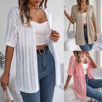 Women's Fashion Casual Hollow Short Sleeve Knitted Vacation Sunscreen Shirt Solid Color Cardigan Jacket